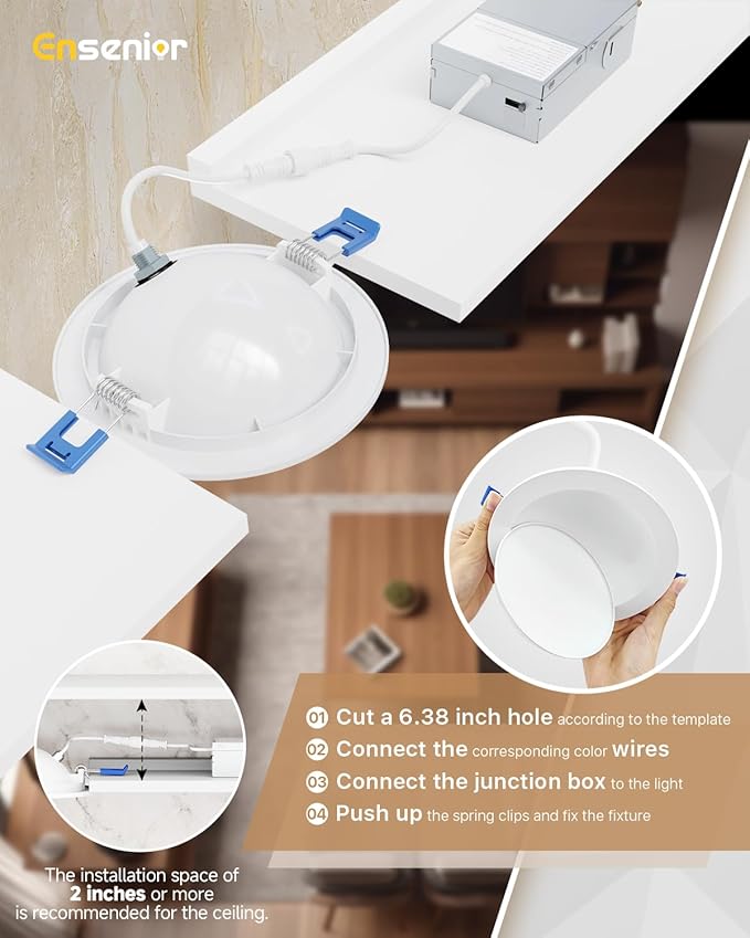 Ensenior 6 Pack 6 inch Gimbal Led Recessed Lighting, 90° Rotatable and 5CCT Selectable, Dimmable Eyeball Recessed Lights, Canless Angled Adjustable Ceiling Downlight, 1200LM, 12W=115W-FCC Certified