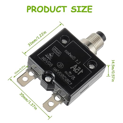 15A Manual Reset Push Button Circuit Breaker 125/250V AC 50V DC Thermal Overload Protector with Quick Connect Terminals and Waterproof Button Caps Assortment Kit(Pack of 2 pcs)