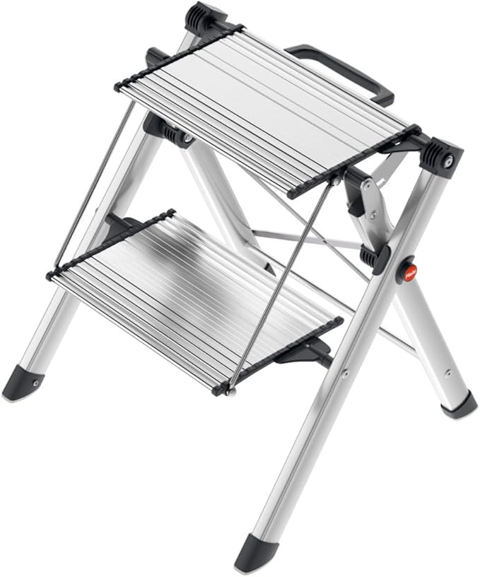 Hailo MK80 Mini Steel Step Stool - Two Large Anti-Slip Steps, 330 lb Capacity - Safety Release Button, Carry Handle - Easy Storage - Silver