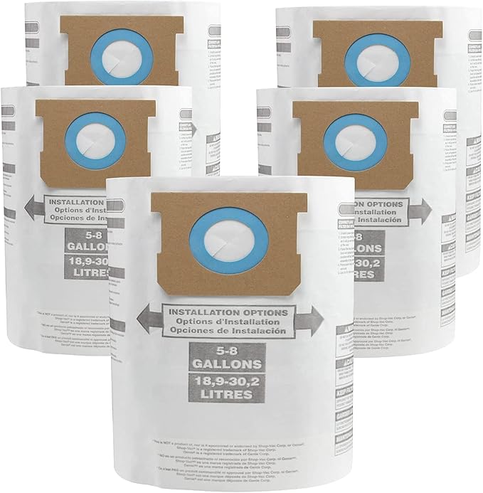 for Shop Vac Bags 5-8 Gallon, Type E 90661 9066133, Type H 90671 9067133; VF2004, VHBS VDBS High- Efficiency Disposable Vacuum Collection Filter Bags 5 Pack