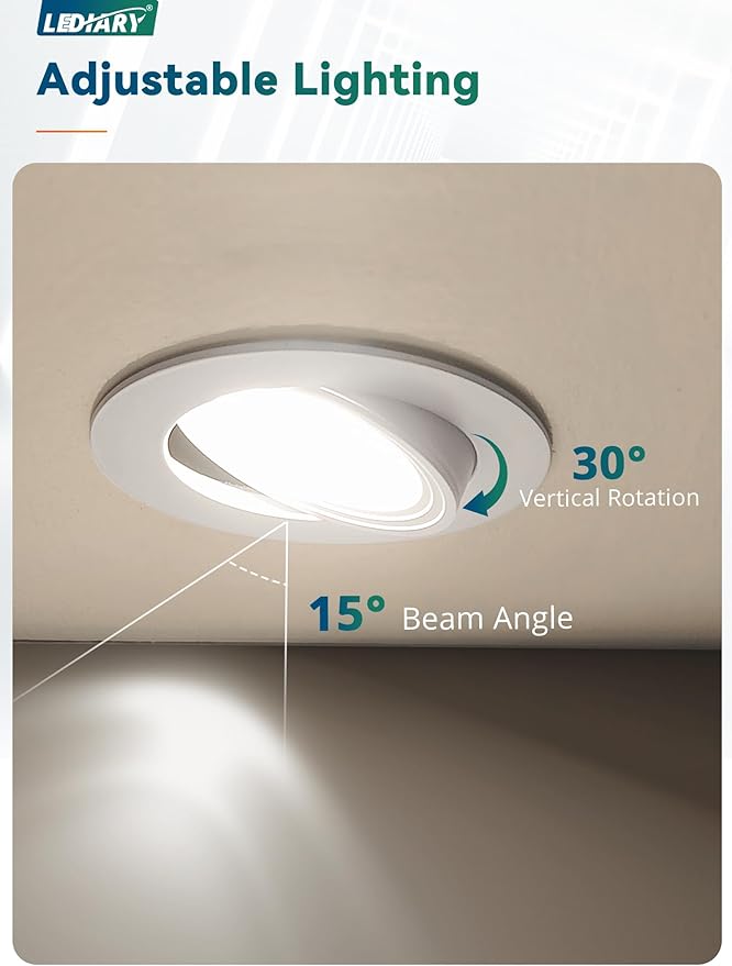 LEDIARY 12 Pack Gimbal LED Recessed Lighting 4 Inch, 5CCT Adjustable Recessed Light Slim Selectable 2700K-6000K,750LM Can Lights with Jbox,Canless Down Light Ceiling Light with IC Rated ETL Listed