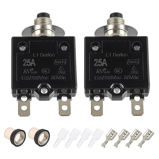 25A Manual Reset Push Button Circuit Breaker 125/250V AC 50V DC Thermal Overload Protector with Quick Connect Terminals and Waterproof Button Caps Assortment Kit(Pack of 2 pcs)