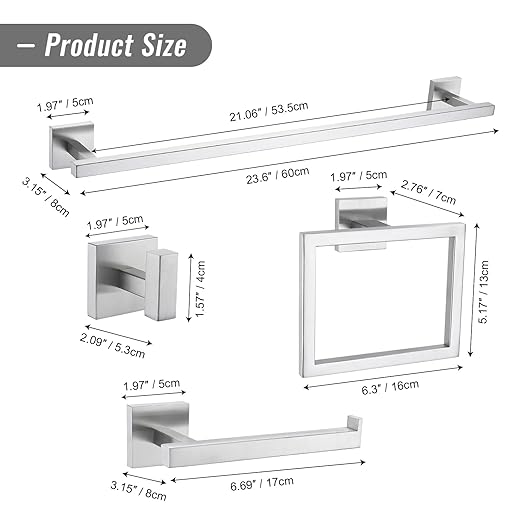 YACVCL Towel Bar Set, 10 Pieces Bathroom Hardware Set Brushed Nickel Bathroom Accessories, SUS304 Stainless Steel Towel Racks Holder Set Wall Mounted 23.6 Inch