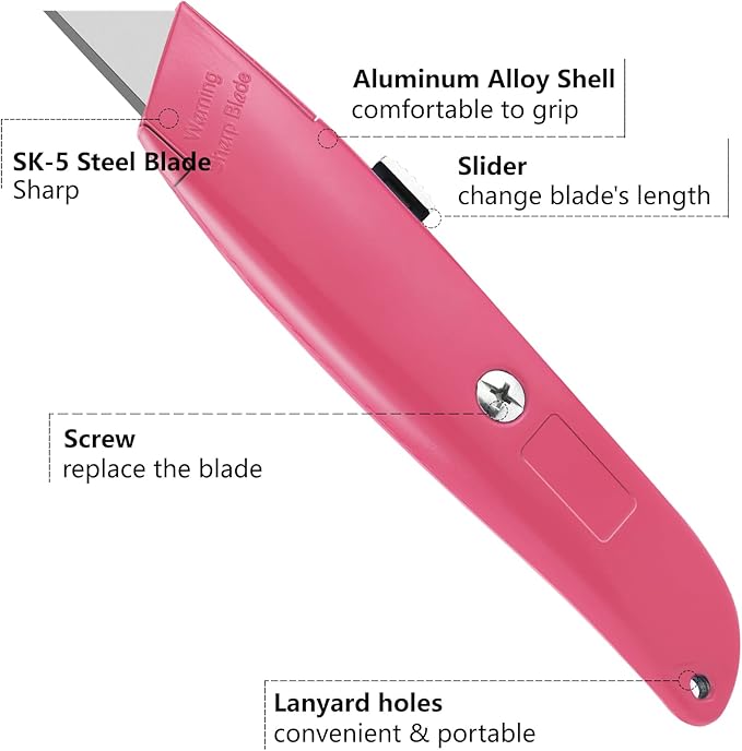 DIYSELF Utility Knife, 20 Pack Heavy Duty Box Cutter Retractable, Box Cutter Knife, Box Opener, Cardboard Cutter, Utility Knives for Garage, Home and Office, Box Cutters for Daily Use (Pink)