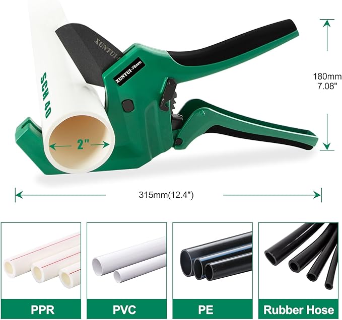 Ratcheting PVC Pipe Cutter- for up to 3-inch OD(Sch 40/80 Pipe) | SKD5 Steel Blade | Professional Plumbing Tool for DIY, Gardening,Plumber(Dark Green,75MM)