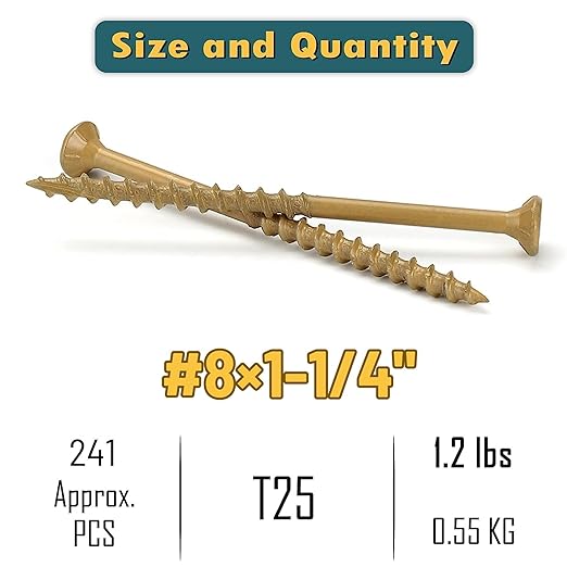 WELLOCKS Deck Screws, Wood Screws, Tan, Superior Rust Resistant, Epoxy Coated, Above 1000 Hour Salt Spray Coating T25 Torx Star Bit Included for Outdoor Wood Fence (1.2LBS Tan, #8×1-1/4")