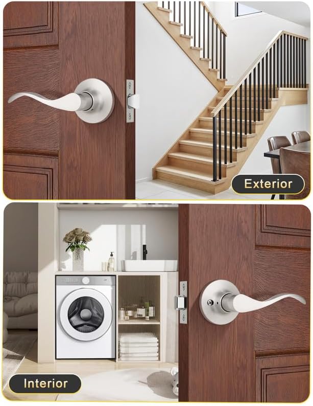 Mengico 6 Pack Satin Nickel Modern Interior Passage Door Knobs, Keyless Door Handle for Hallway & Closet, Wave Style Non-Locking Door Lever Reversible for Left & Right Handed