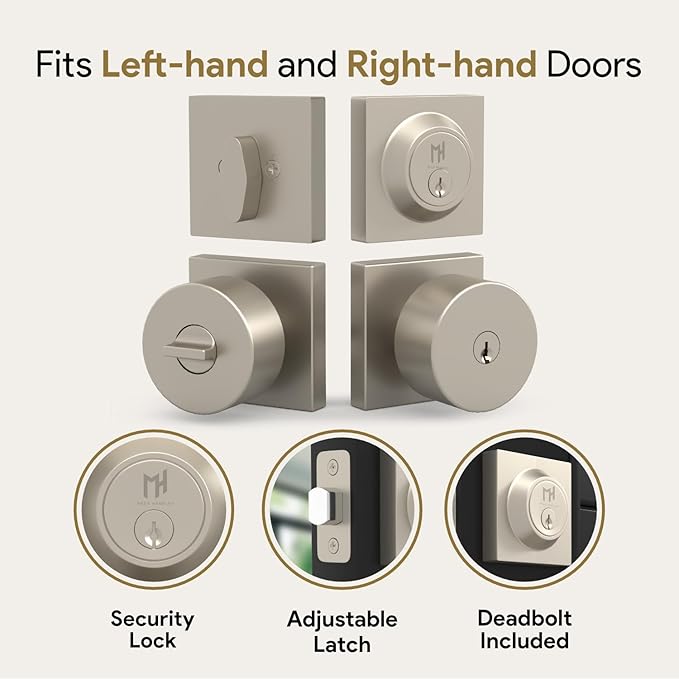 Mega Handles SUANA Entrance Combo, Door Knob and Cylinder Deadbolt and Key Combo, Heavy Duty Locking Door Knobs for Left or Right-Handed Doors – Satin Nickel