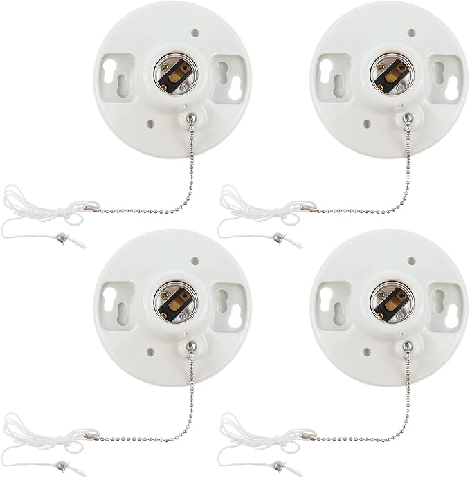 6 Pcs Porcelain Light Socket with Pull Chain White Bulb E27/E26 Socket Porcelain Outlet Box Mount Ceiling Light Fixture for Indoor Garage Closet Lighting