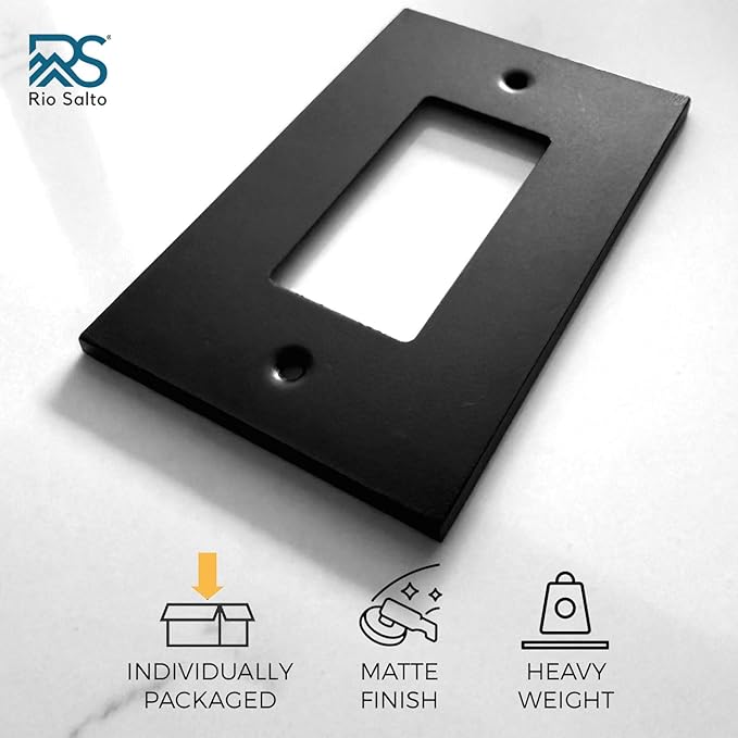 RIO SALTO Modern Metal Matte Black Wall Outlet Cover or Light Switch Cover Rocker Decora Electrical Switch Covers Decorator Plug Wall Plate MIDSIZE Black Receptacle (Matte Black, 1 Rocker 8PK)
