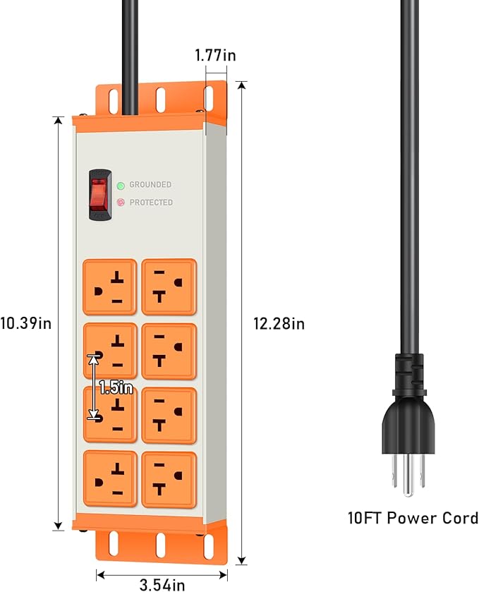 JUNNUJ Heavy Duty 20 Amp Surge Protector 4800J, Garage Metal 8 Outlets 12 Gauge, High Amp 5-15P Adapter Shop 6-20R T-Slot Industrial Outlet, 10 FT Extension Cord Commercial for Appliance, Grey