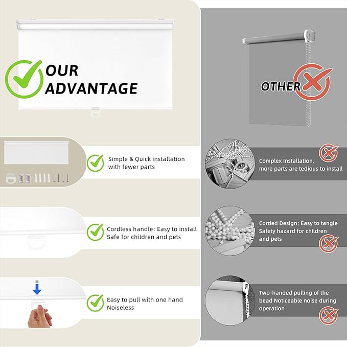 ChrisDowa Cordless Blackout Roller Shades for Windows, Thermal Insulated UV Protection Pull Down Shades, Total Blackout Window Blinds for Home, Office, Bedroom, Door (64" W x 72" H, White)