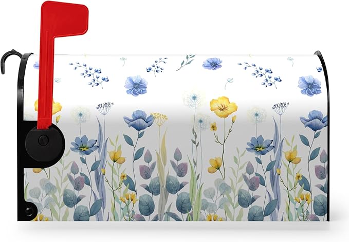 Summer Spring Mailbox Covers Standard Size 21x18 Inch Flowers Blue Mailbox Cover Magnetic Floral Post Letter Box Wraps for Garden Yard Decor