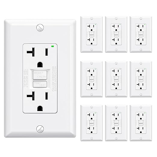 ELEGRP GFCI Outlet 20 Amp, Self-Test GFI Electrical Outlet with Narrow Design, GFCI Receptacle with LED Indicator, UL Listed, White, Wall Plate Included, 10 Pack