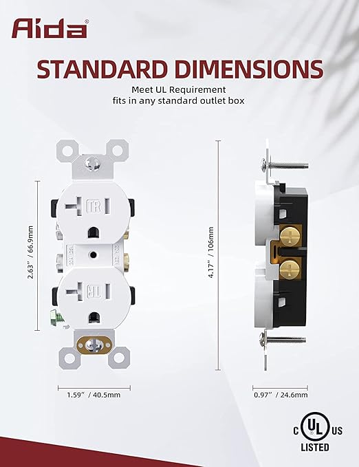 AIDA 20 amp Outlet Duplex Electrical Receptacle Outlets,Tamper Resistant,Heavy-Duty Receptacle Wall Outlet,Residential,TR,3-Wire, Self-Grounding Clip, NEMA 5-20R,UL Listed 50 Pack, White