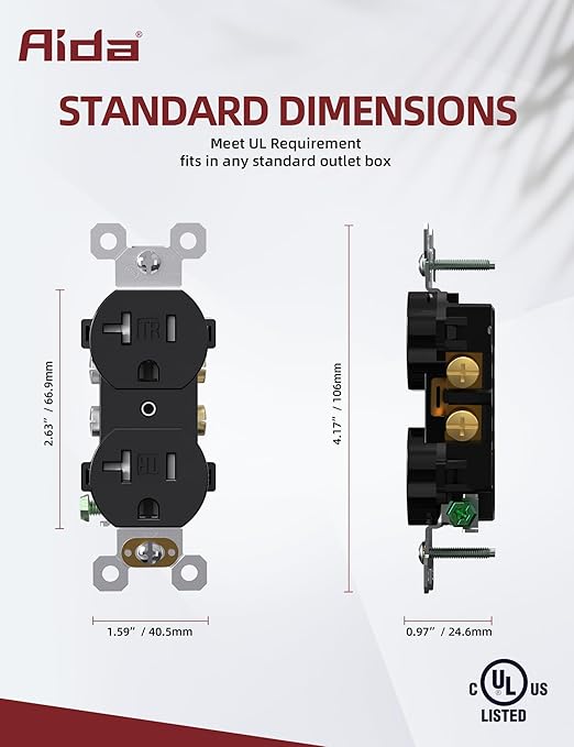 AIDA 20 Amps Outlets Duplex Electrical Receptacle Outlets,Tamper Resistant,Heavy-Duty Receptacle Wall Outlet,Residential,TR,3-Wire, Self-Grounding Clip, NEMA 5-20R,UL Listed (20 Pack, Black