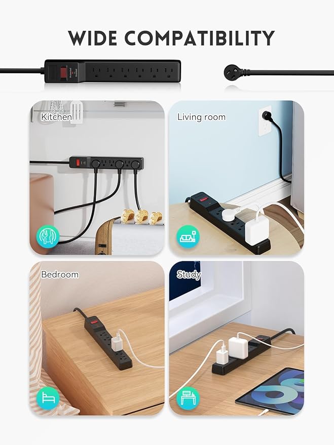 PLUGUTL 2 Pack Surge Protector (980 Joules), Flat Plug Power Strip, 4FT Extension Cord with Multiple Outlets, 6 Outlets, ETL Listed, 14 Gauge, Wall Mountable for Home Office Garage, Black