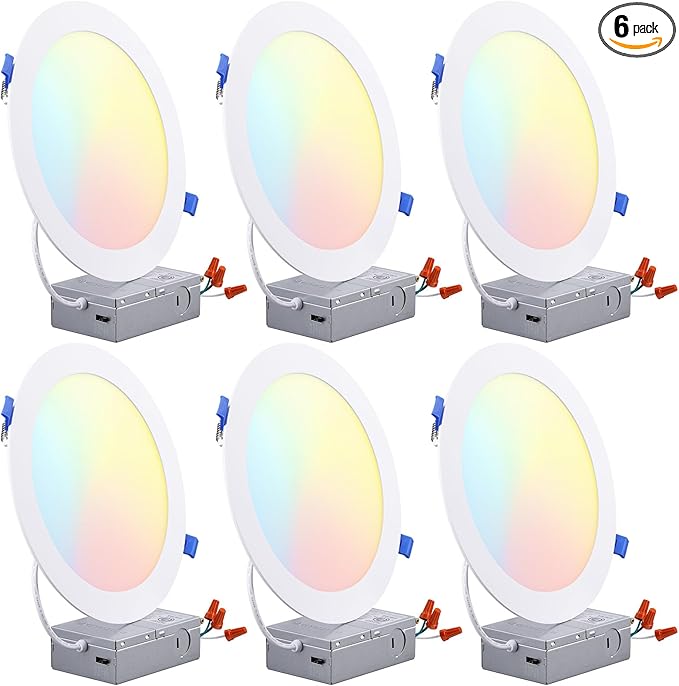 TORCHSTAR 8 Inch 5CCT Ultra-Thin LED Recessed Ceiling Light with Junction Box, CRI90, 27003000350040005000K Selectable, 18W Dimmable Slim Canless Wafer Downlight, ETL & ES & FCC, Pack of 6