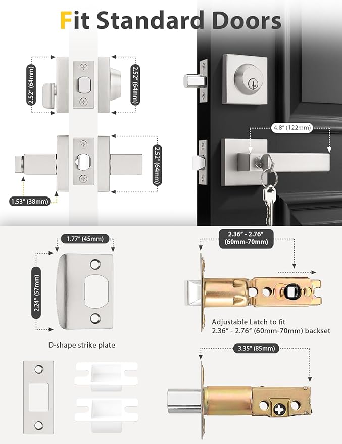 3 Pack Brushed Nickel Keyed Alike Front/Exterior Door Levers with Single Cylinder Deadbolt, Square Entry Door Knob Lock Sets with Deadbolt Combination Sets, for Entrance/Front and Office Doors