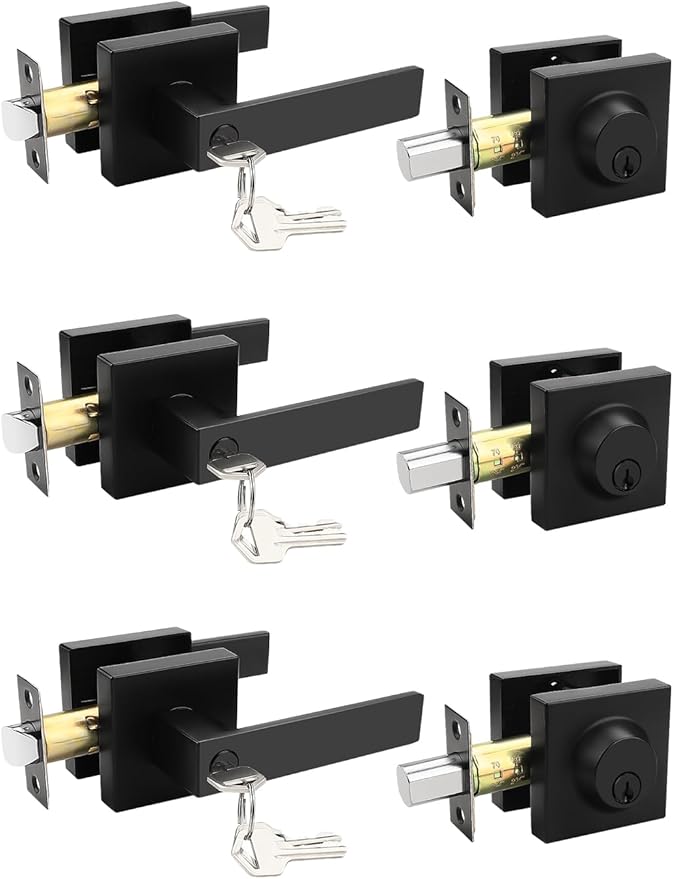 3 Pack Square Keyed Alike Front/Exterior Door Levers with Single Cylinder Deadbolt, Flat Black Entry Door Knob Lock Set with Deadbolt Combination Sets, for Entrance/Front and Office Doors