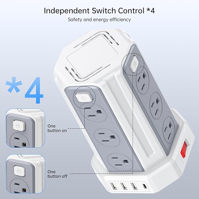 Power Strip Surge Protector, 10 Ft Extension Cord with 12 AC Multiple Outlets 4 USB (1 USB C), SMALLRT Power Tower Desktop Charging Station (White, 10 FT PD20W)