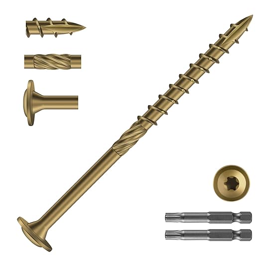 #14 x 4 Inch Lag Screws (350Pcs) 10lb. Structural Wood Screw, Bronze, Carbon Steel, Washer Head, Rust Resistant epoxy Coated, T30 Star Bit