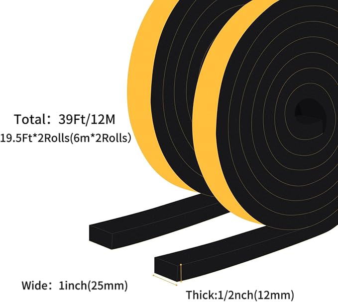 High Density Foam Weather Stripping Door Seal Strip Insulation Tape Roll for Insulating Door Frame, Window, Air Conditioner Self Adhesive Sealing Weatherstrip Dustproof (1 in x 1/2 in x 40 Ft)