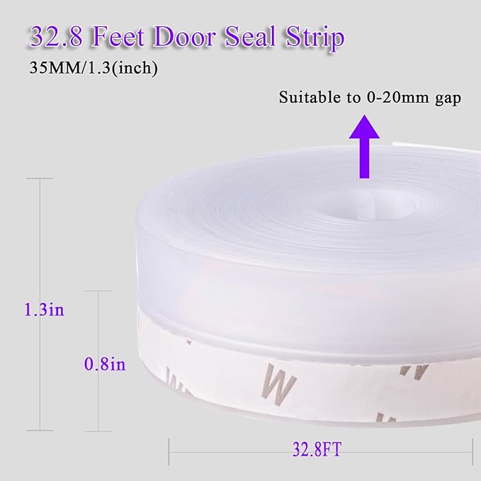 Weather Stripping Door Seal Strip for Gaps, Silicone Draft Stopper Adhesive Tape for Sliding Doors, Windows, Shower Glass, Soundproof Seal for Home Insulation, 32.8ft Roll Black