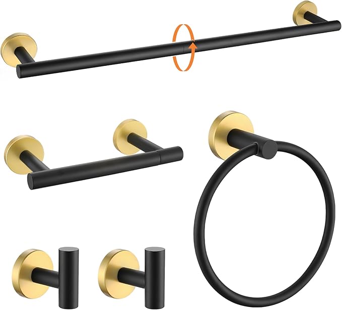 TURS Black and Gold 5 Piece Bathroom Hardware Set, SUS304 Stainless Steel Gold Black Towel Bar Set, 24 Inch Rould Bathroom Accessories Kit Wall Mounted