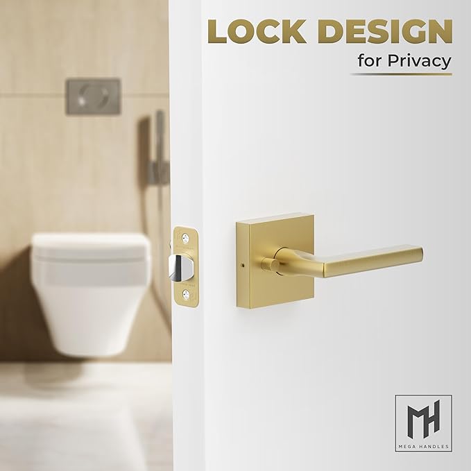 Mega Handles Prime Privacy Lever Door Handle for Hallway, Closet and Bathroom, Keyless Design Door Levers, Fits All Standard Door Sizes, Covered Screws Included - Satin Brass (1 Pack), 4.29"