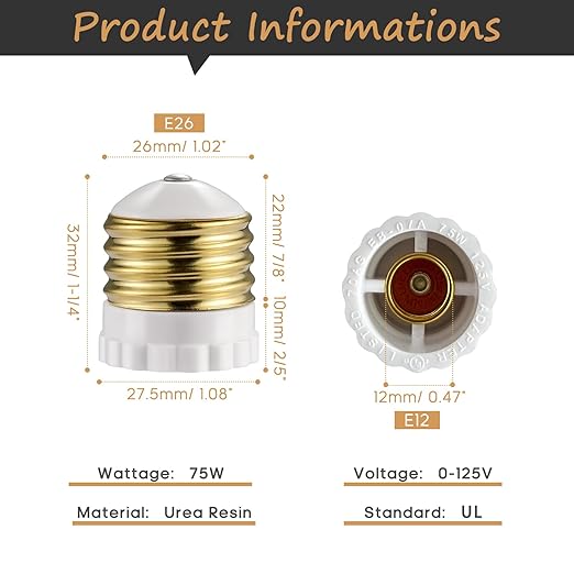Candelabra Socket Adapters, Standard Light Socket to Candelabra Bulb Socket Adapter, Medium Screw E26 Base to Small E12 Screw Socket Converter, UL (4)