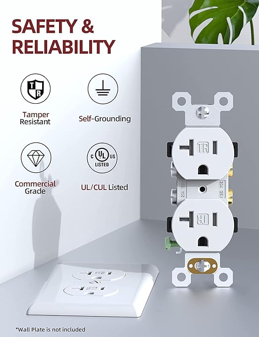 AIDA 20 amp Outlet Duplex Electrical Receptacle Outlets,Tamper Resistant,Heavy-Duty Receptacle Wall Outlet,Residential,TR,3-Wire, Self-Grounding Clip, NEMA 5-20R,UL Listed 50 Pack, White
