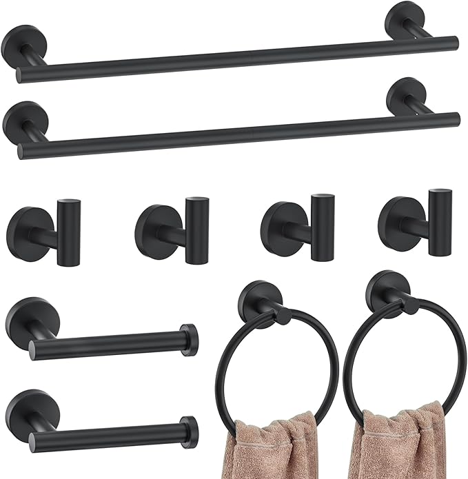 Matte Black Bathroom Accessories Set,10-Piece Bathroom Hardware Set,SUS304 Stainless Steel Towel Bar Set-Wall Mounted Towel Bar,Towel Holder-23.6 Inch