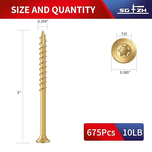 #10 x 3 Inch Deck Screws (675Pcs) 10lb. Exterior Wood Screws. Carbon Steel, Tan, Flat Head, Rust Resistant epoxy Coated, with T25 Star Bit