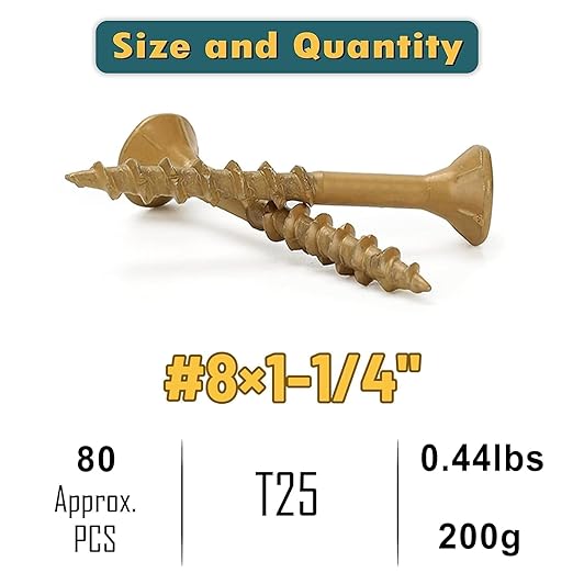 WELLOCKS Deck Screws, Wood Screws, Tan, Superior Rust Resistant, Epoxy Coated, Above 1000 Hour Salt Spray Coating T25 Torx Star Bit Included for Outdoor Wood Fence (Trial Size 0.44LBS, #8×1-1/4")