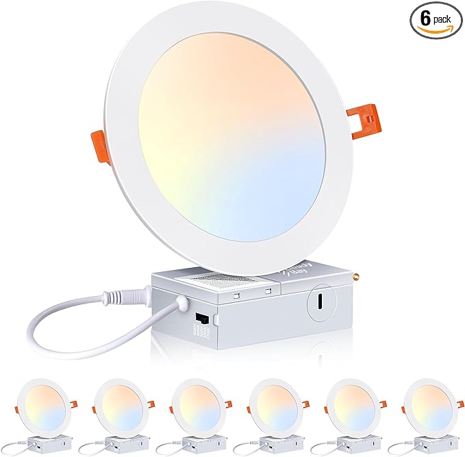 CLOUDY BAY 6 Pack 6 Inch 5CCT Ultra-Thin LED Recessed Ceiling Light with Junction Box,2700K/3000K/3500K/4000K/5000K Selectable,15W Dimmable Canless Downlight,1000LM High Brightness
