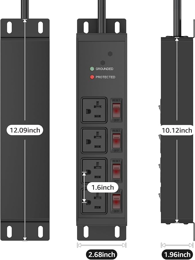 CCCEI Heavy Duty Surge Protector Power Strip 20 Amp Individual Switches. 10FT 12 Gauge Extension Cord with Multiple Outlets. Kitchen, Garage, Shop, Industrial Wall Mount Electric Extender, Black.