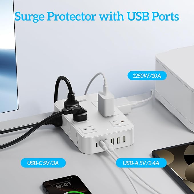 Flat Plug Power Strip Surge Protector with 12 AC Outlets 6 USB Ports 3 Side Multi Plug Outlet Extender 10 Ft Extension Cord for Home Office Kitchen Dorm Wall Desk Charging Station ETL Listed