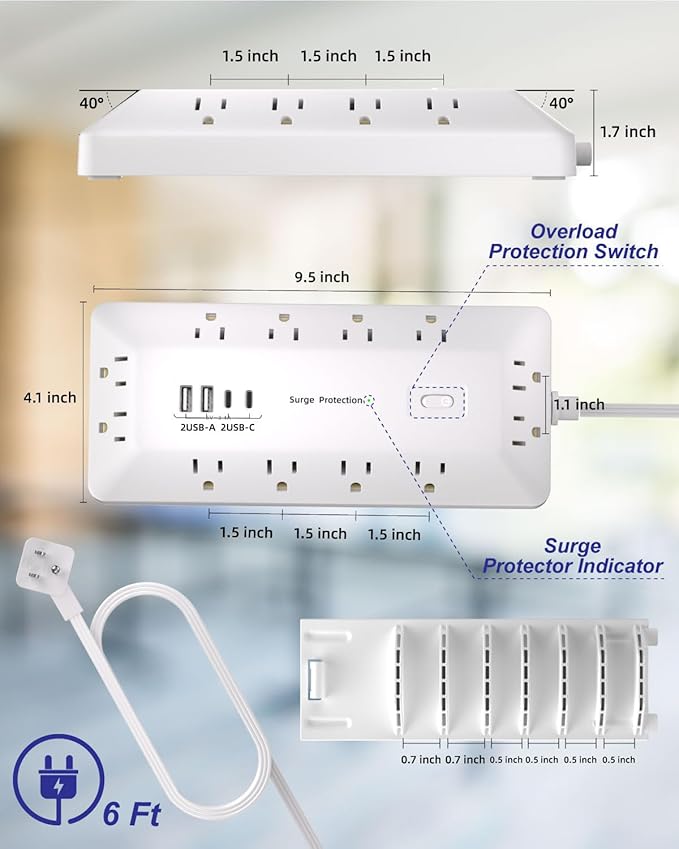 16-in-1 Surge Protector Power Strip with Multi-Function Stand, 6 Outlets with 2 USB-C (20W PD) and 2 USB-A (18W) Ports, 6FT Extension Cord for Home Office Desktop and Dorm (White)
