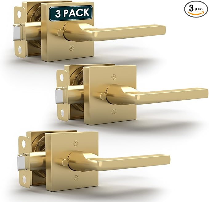 Mega Handles Prime Privacy Door Handle - 3 Pack Interior Reversible Gold Door Handle, Heavy Duty Bed & Bath Door Handles with Privacy Door Lock, Fits All Standard Doors - Satin Brass
