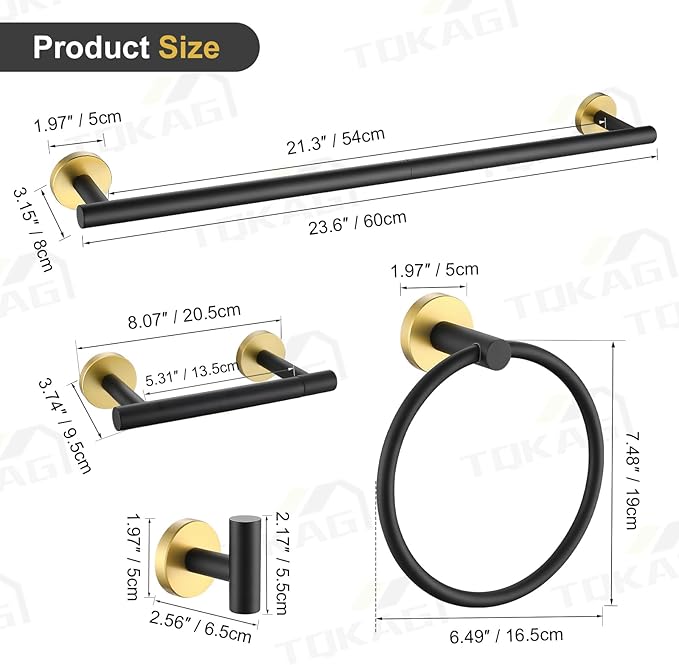 TQKAG 8-Pieces Bathroom Hardware Set Black and Gold SUS304 Stainless Steel Bath Towel Bar Set 23.6 Inch Round Bathroom Accessories Kit Wall Mounted