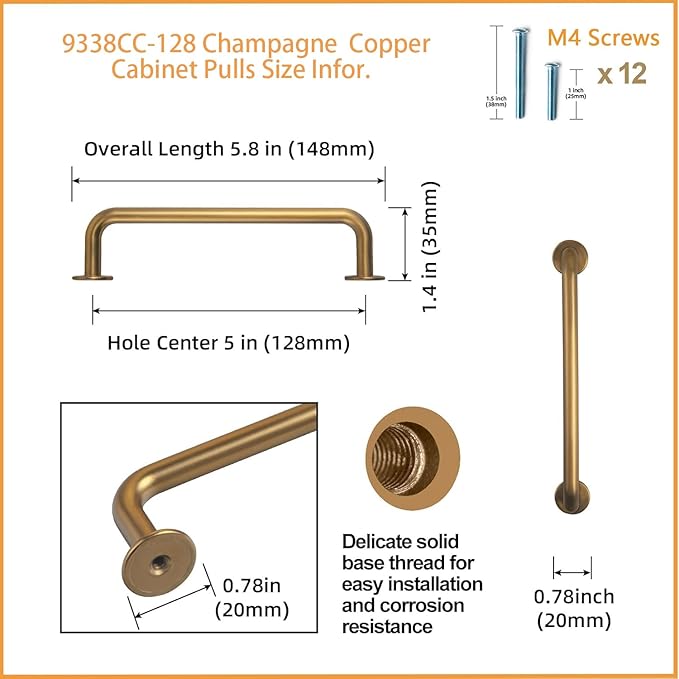 Goo-Ki 6 Pack Champagne Copper Cabinet Drawer Pulls Kitchen Hardware - 5.04"(128mm) c-c Bar Pull Dresser Handles for Cupboard Bathroom Closet Wardrobe