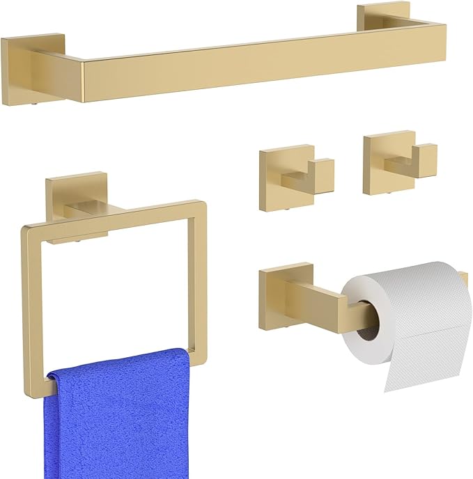 Brushed Gold 5-Pieces Bathroom Hardware Set, SUS304 Rustproof Steel 16" Rectangle Bathroom Towel Racks Accessories Set, Luxury Hotel Grade Organization Hardware Kit