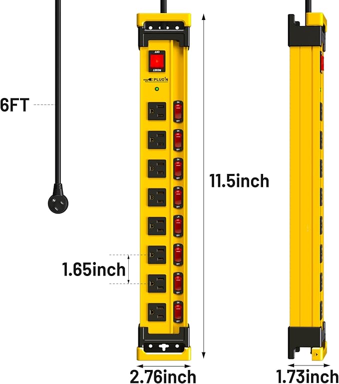 Plug'n 8 Outlet Long Power Strip,2700J Surge Protector with Individual Switches,Wide Spaced,Heavy Duty Power Strip with 6FT/14AWG/15A Power Cord and Flat Plug for Workshop,Garage,Industrial,Home