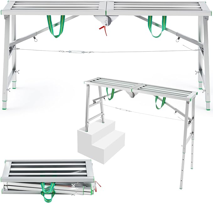 Zonon 55" L x 11.8" W x 28" to 44" H Folding Work Platform Portable Scaffolding Step Stool 4 Height Adjustment 600 Lbs Load Capacity Non Slip Work Platform Ladder for Home Drywall Cleaning Painting