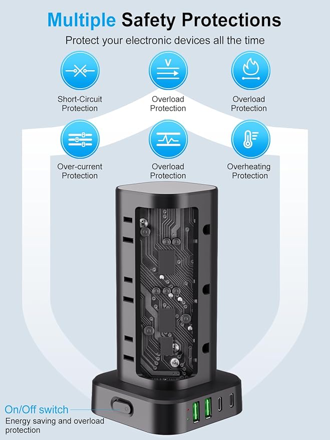Power Strip Tower with Multiple Outlets, Flat Plug Surge Protector Tower Extension Cord with 12 AC Outlets 4 USB Ports (2 USB C), 10FT Cord Power Tower Surge Protector for Home Office Dorm Room, Black