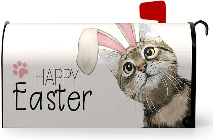 Happy Easter Mailbox Covers Magnetic Standard Size 21 x 18 Inch Easter Cat with Bunny Ears Mailbox Cover Post Box Wraps Decorations for Spring Garden Yard