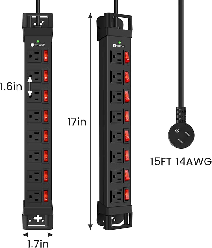 Heavy Duty Power Strip with Individual Switches,8 Outlets 14 Gauge Industrial Shop Garage Metal Multiple Outlets,1200J Surge Protector Mountable Power Strip,15FT Extension Cord Management (Black)