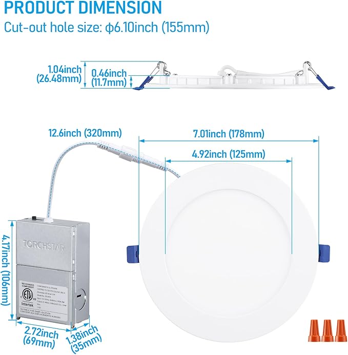 TORCHSTAR 5CCT 6 Inch Slim LED Recessed Lighting with Junction Box, CRI90 Dimmable 12W Ultra-Thin LED Recessed Light, 2700K-5000K Selectable, 1000LM Downlight, ETL & Energy Star, Pack of 6