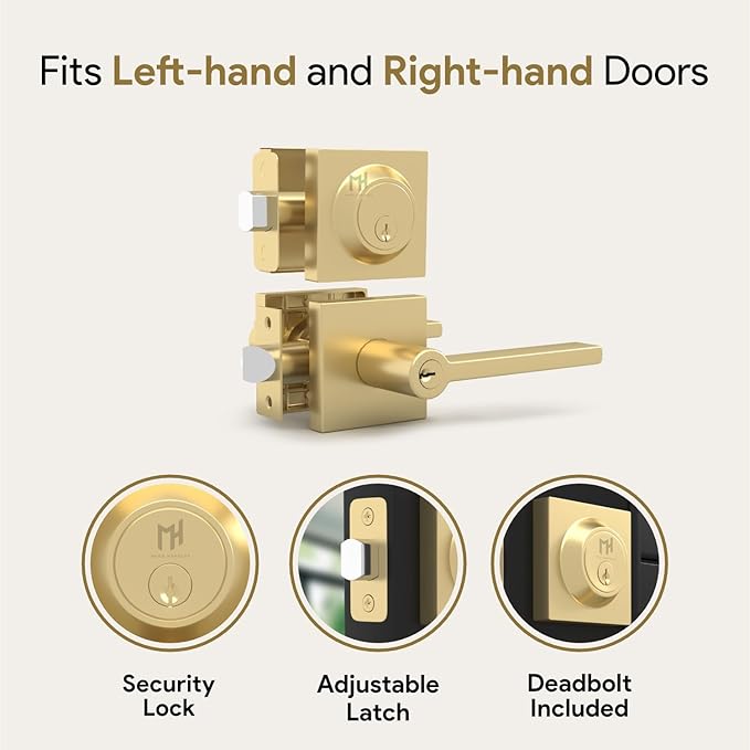 Mega Handles Prime Entrance Combo, Entry Lever Door Handle and Single Cylinder Deadbolt Lock and Key Combo Pack, Heavy Duty Square Locking Door Levers Set for Left or Right-Handed Doors - Satin Brass